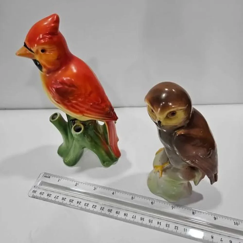 German Vintage Ceramic Cardinal and Owl Figurines